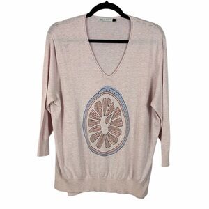 Zaket & Plover Pink Lemon Graphic Sweater Linen Blend Large Lightweight Knit